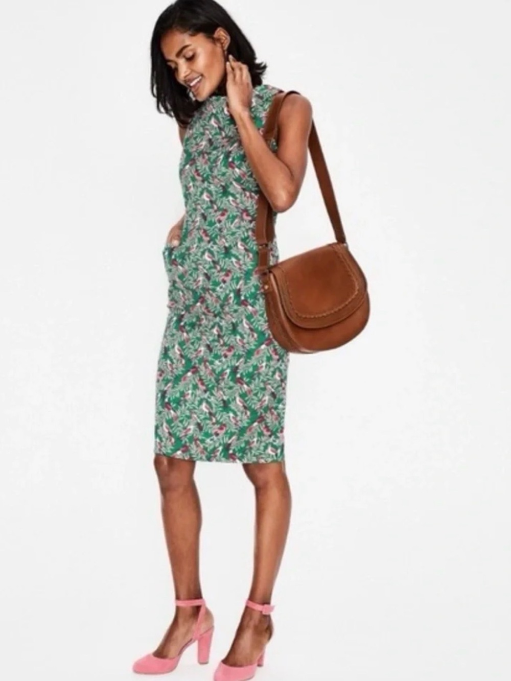 Boden Martha Green Bird Print Sheath Dress 2 Petite